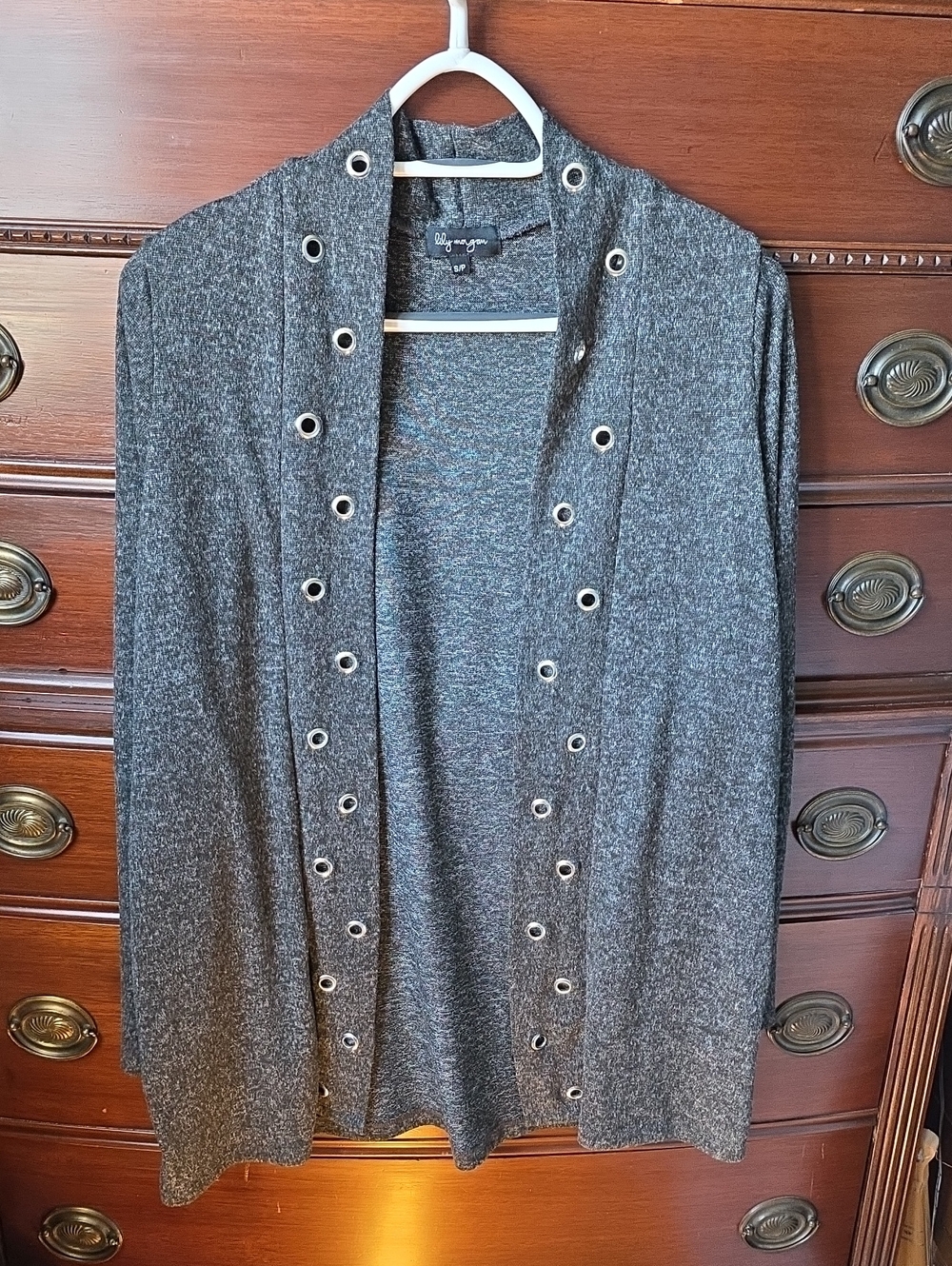 Gray Open Front Cardigan with Eyelet Trim